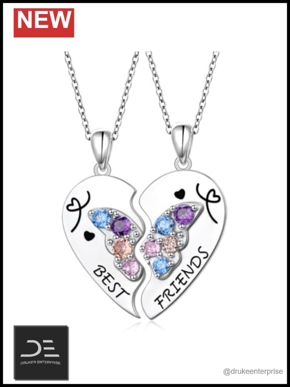 S925 Sterling Silver Best Friends Matching Heart Necklace BFF Gift 18"